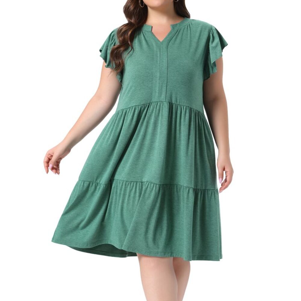Women Plus Size Ruffle Sleeve V Neck Tiered Midi Dresses Green